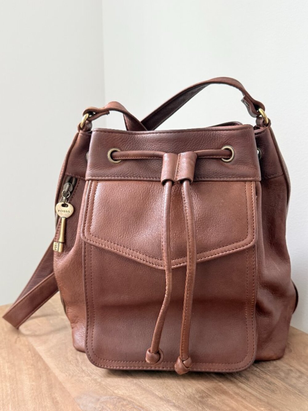 FOSSIL Long Live Vintage 1954 Brown Pebble Leather Drawstring Bucket Bag